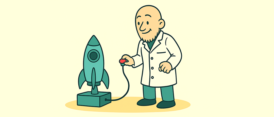 confirmation-bias-2025-full Designeren står med en pretotype af en lille raket