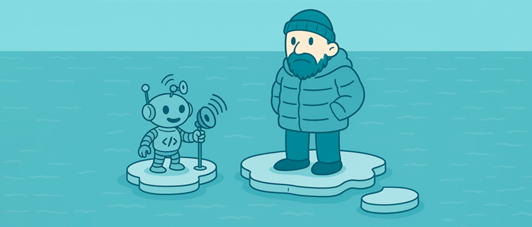 AI Journey Mapping Illustration af mand i vinterjakke på isflager med robot der scanner under isen - metafor for navigering af customer journey maps med data vs. antagelser