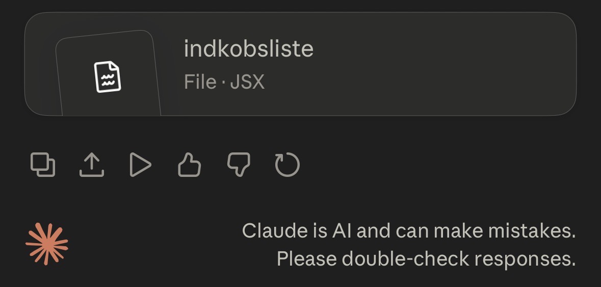 Claude genererer et JSX artifact med indkøbslisten